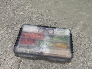 Waterproof tackle box filled with fresh snacks sitting on a shell-covered shoreline with shallow water