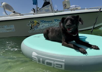 Black dog sitting on a teal float in shallow water with a boat in the background