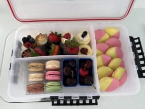 Waterproof tackle box filled with colorful desserts including chocolate-dipped strawberries, macarons, cherries, mini tarts, and pink and yellow half-moon cookies