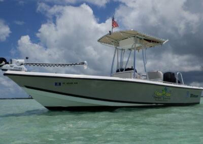 Side profile of a boat floating in calm water under a partly cloudy sky, showing the Piano Piano logo and Minn Kota motor