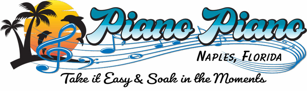 Piano Piano Charters logo with musical notes, dolphins, palm trees, and a sunset, featuring the tagline “Take it Easy & Soak in the Moments”