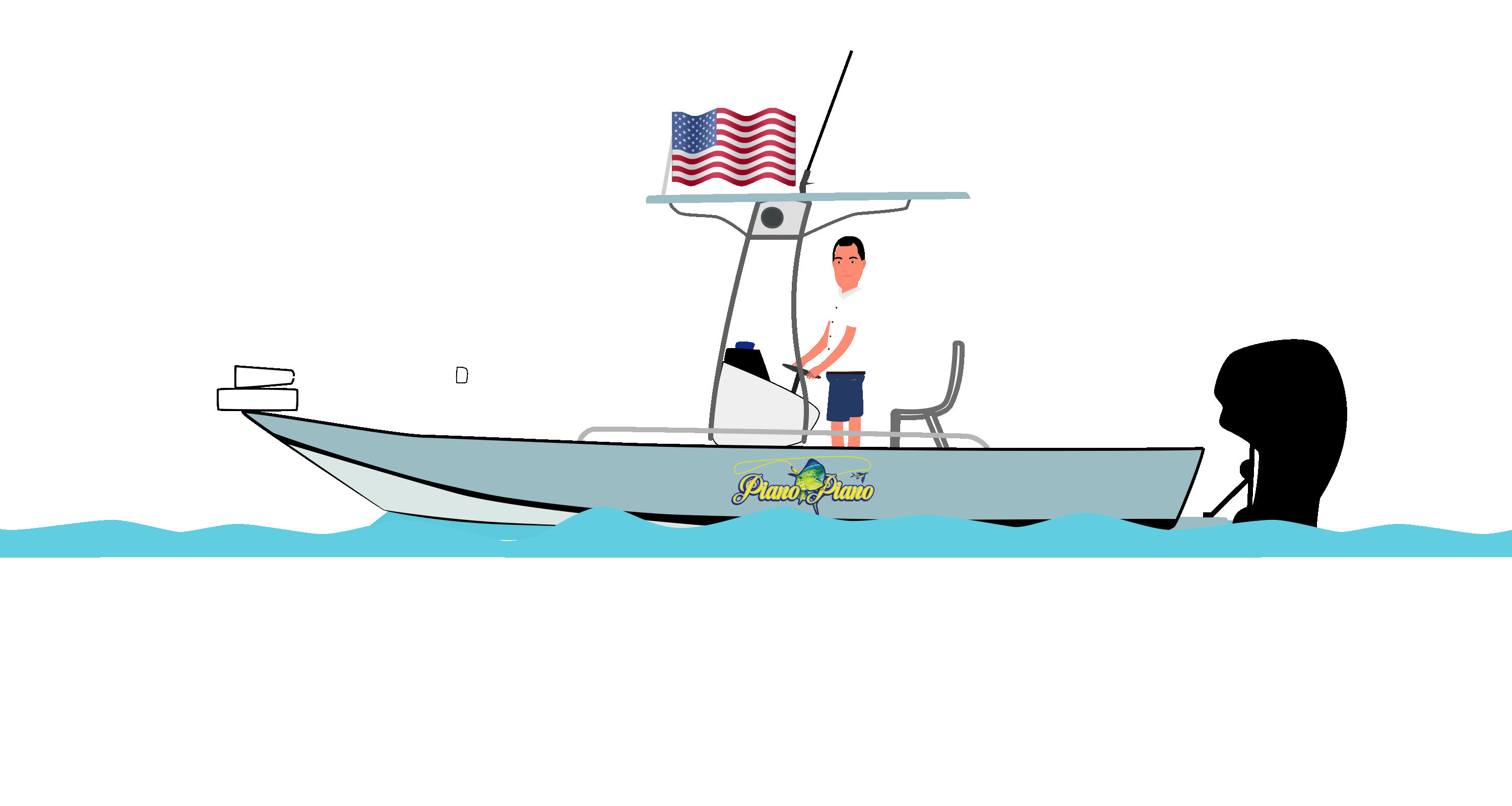 Animated graphic of Captain Bill driving the Piano Piano boat with an American flag and blue waves
