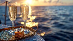Two champagne flutes and a diamond ring box on a yacht at sunset during a romantic proposal charter in Naples, Florida.